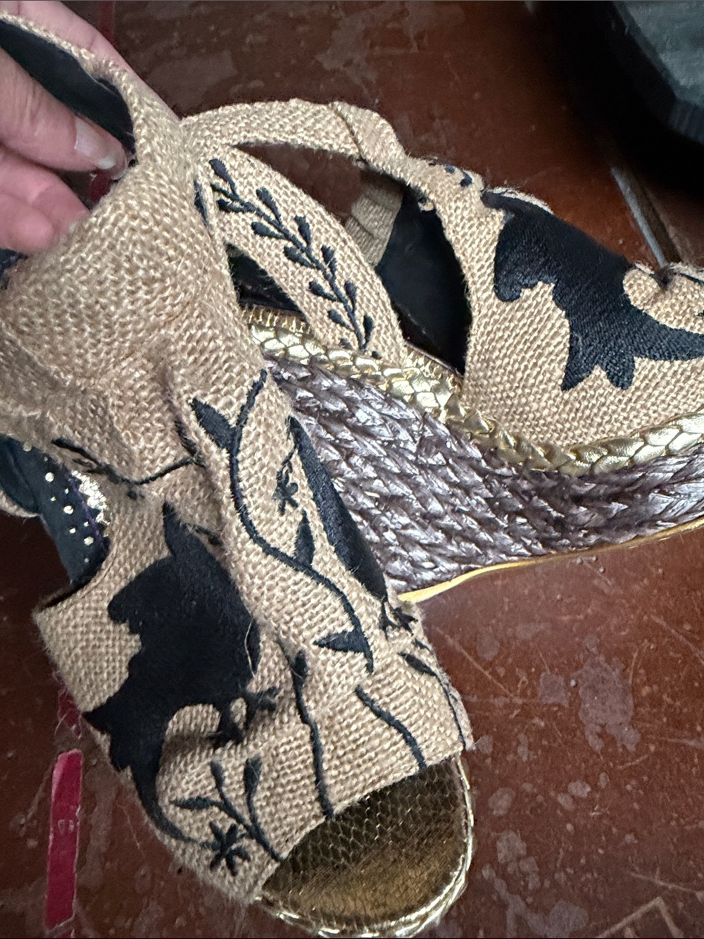 Irregular Choice Tan and Black Woven Espadrille Wedges